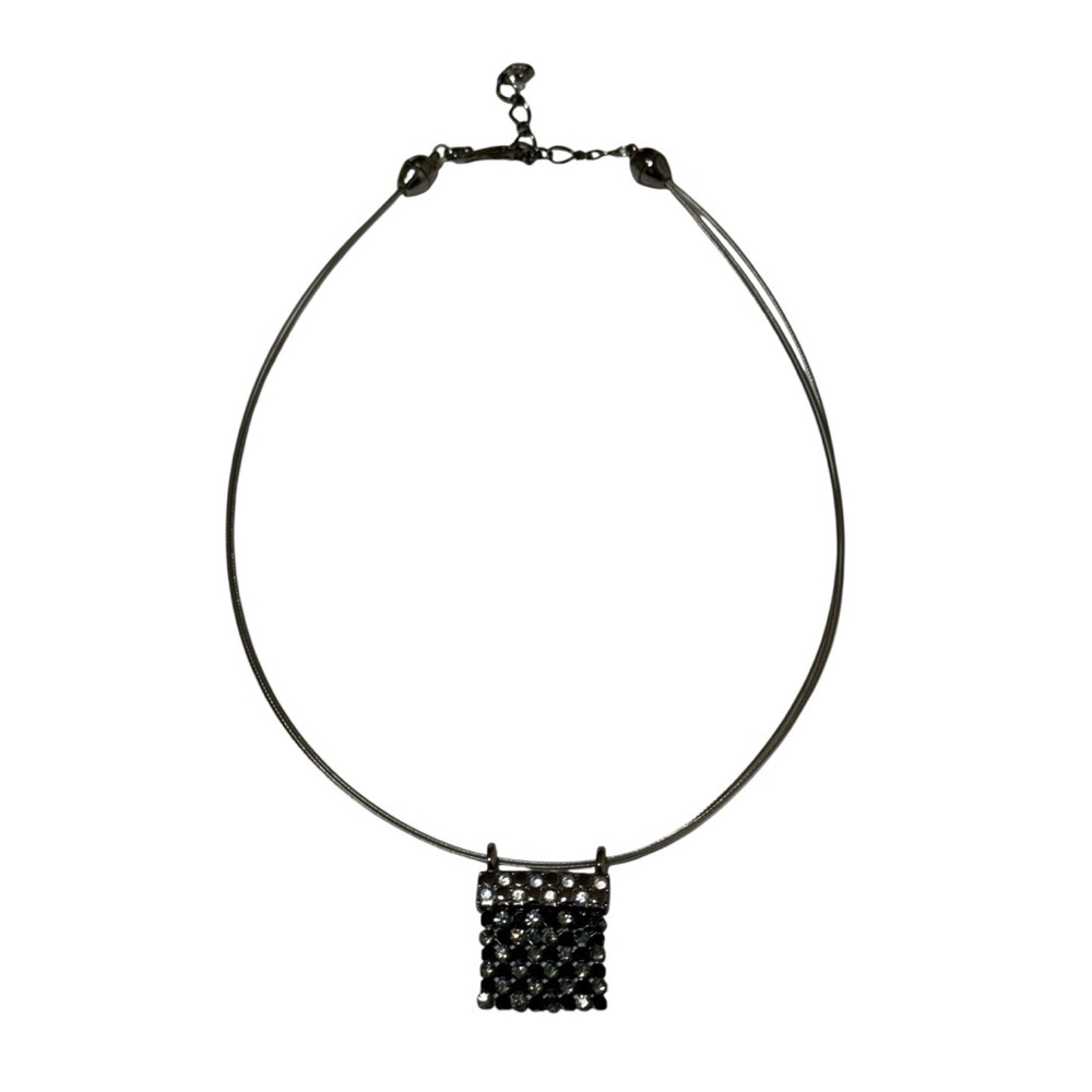 Silver Tone Wire Collar Necklace Black Clear Rhinestone Slider Pendant